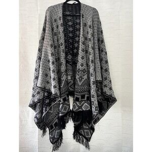 Unbranded Made In UK Black White Nordic Fair Isle Knit Shawl Wrap Fringe Boho